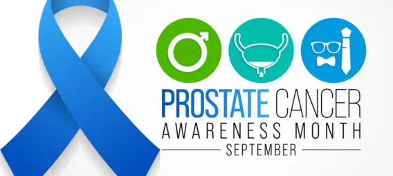 "Blue awareness ribbon with medical icons and text reading 'Prostate Cancer Awareness Month September' promoting men's health awareness