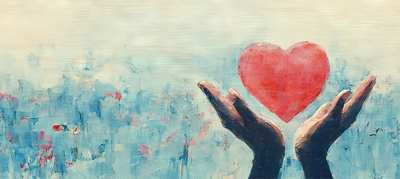 Illustration of two hands gently lifting a red heart against a soft blue background, symbolizing care, compassion, and emotional support.