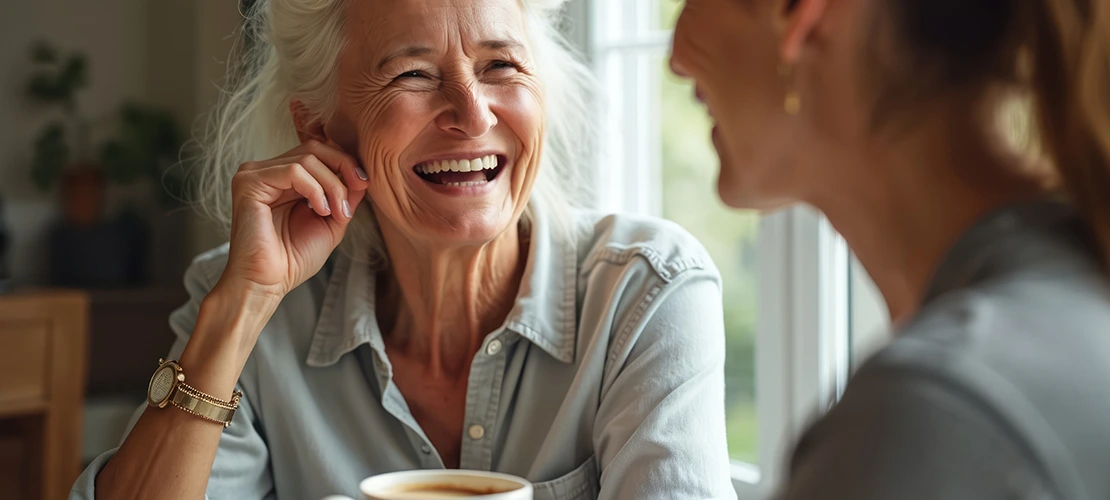 Two women sharing a warm conversation over coffee, one laughing genuinely.