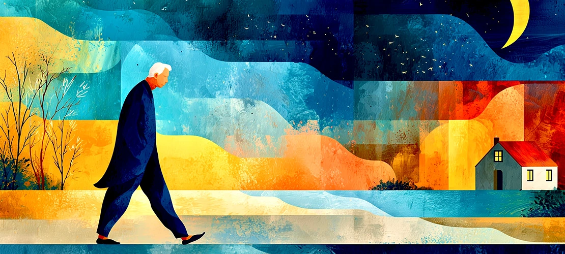 Illustrated figure walking alone through a colorful, dreamlike landscape toward a distant lit home.