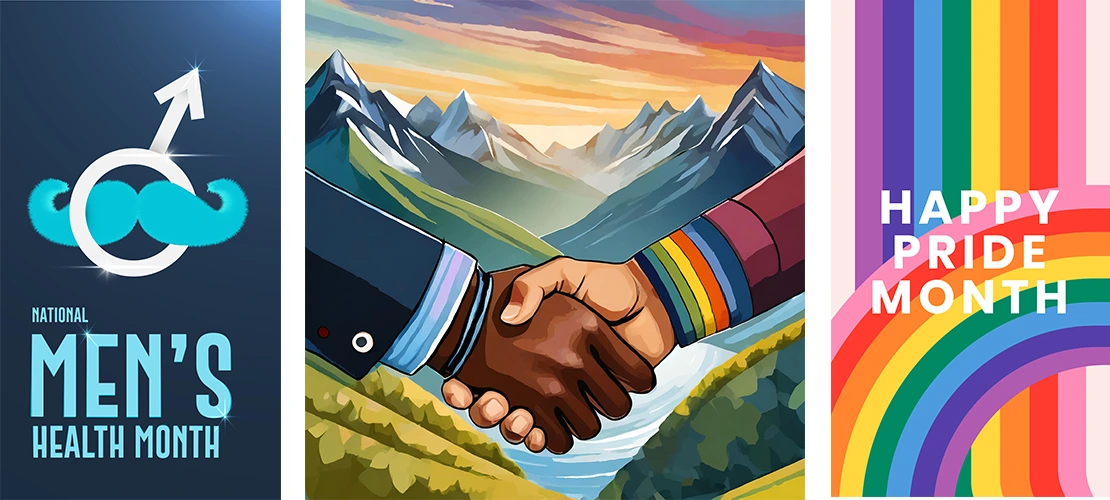 men's health month illustration with two hands holding each other and illustration of happy pride month