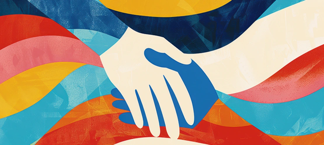 Illustration of hands reaching toward each other over a colorful abstract wave background, symbolizing connection and support.