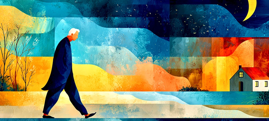 Illustrated figure walking alone through a colorful, dreamlike landscape toward a distant lit home.