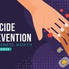 Suicide prevention awareness month text and suicide awareness prevention ribbon sign and hands that delivers love to a sad hand on dark purple background