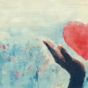 Illustration of two hands gently lifting a red heart against a soft blue background, symbolizing care, compassion, and emotional support.